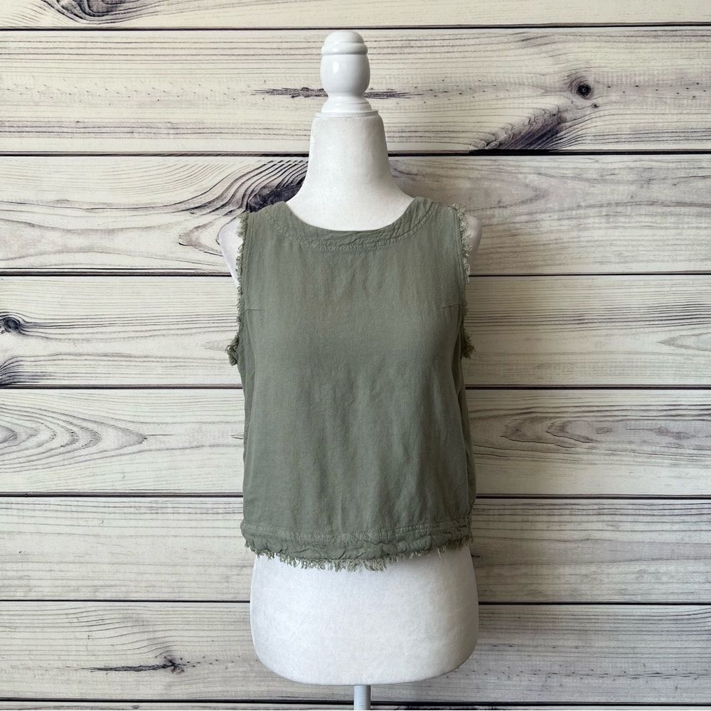Thread & Supply Linen Sage Green Frayed Hem Button Crop Top